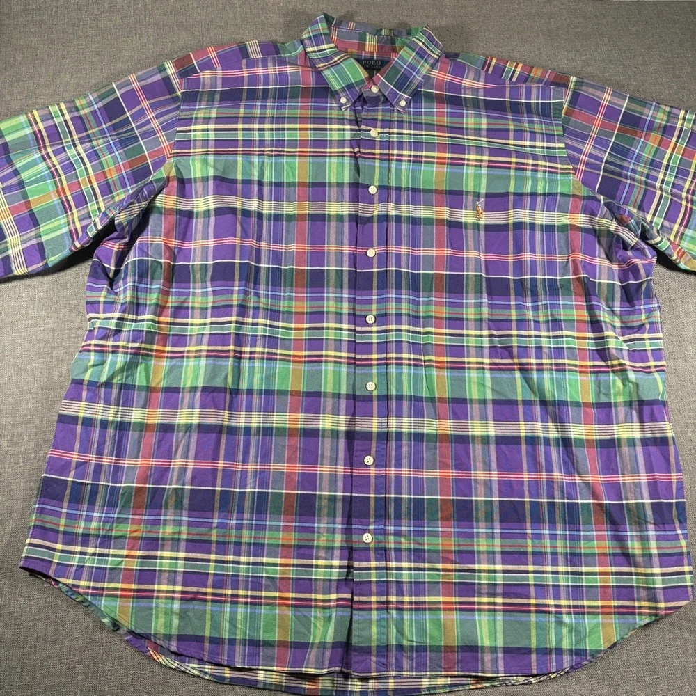 Polo Ralph Lauren Button Down‎ Mens 3XB Purple Green Plaid Flesh Pony Logo